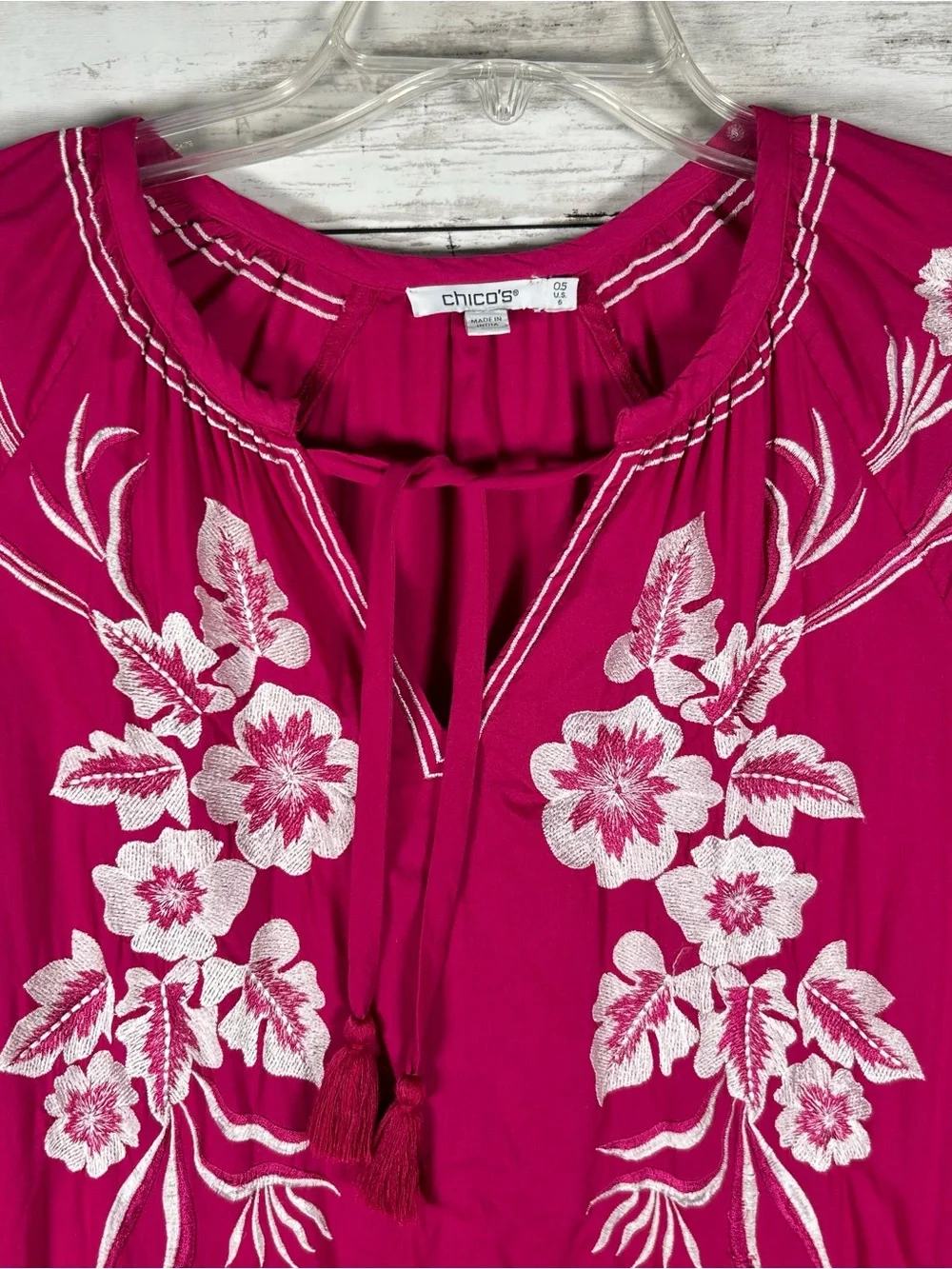 Chico’s Embroidered Raspberry Cotton Kaftan Midi Dress Pockets 6